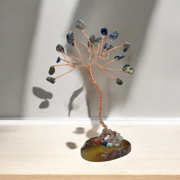 Lapis Lazuli Gemstone Bonsai Copper Wire Tree on Agate Slice 4in - Picture 1 of 4